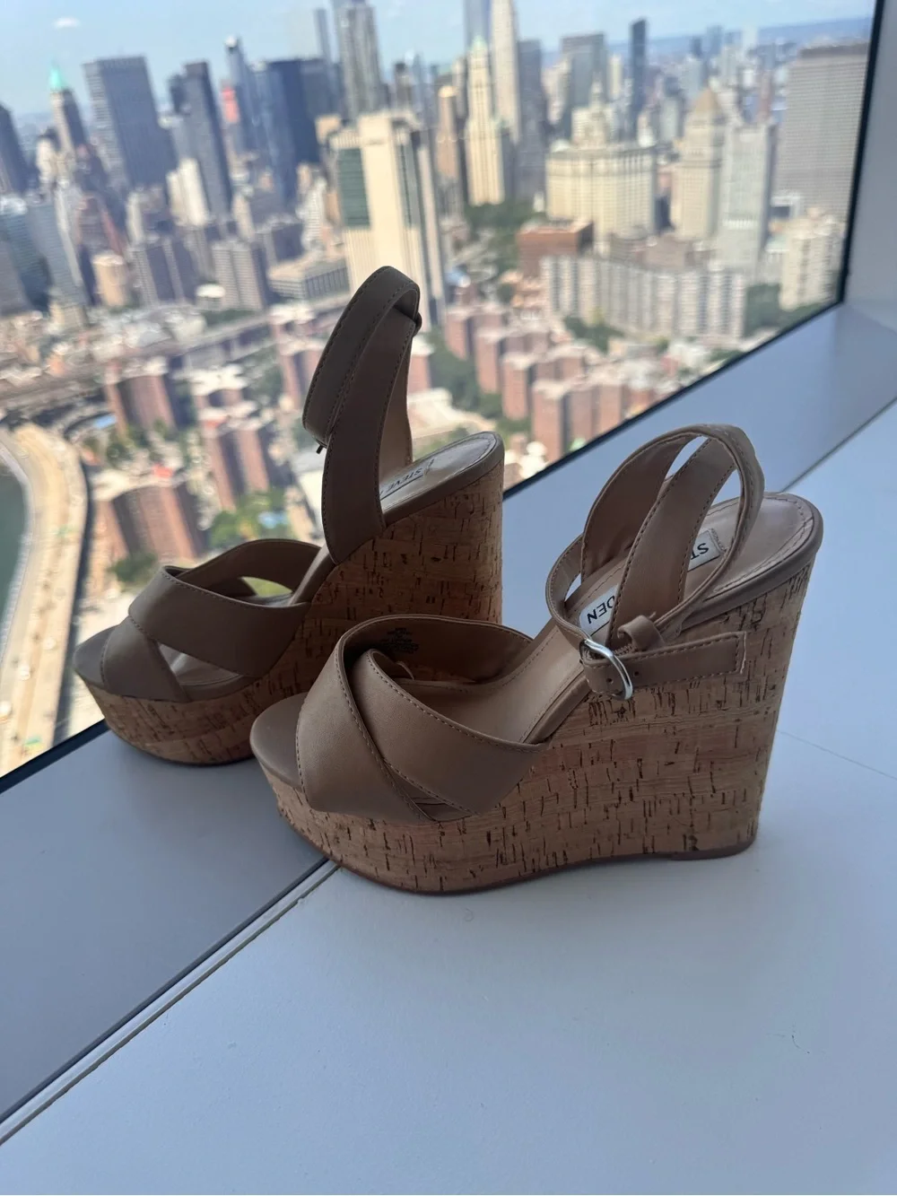 Steve Madden Taupe Platform Cork Wedge Sandals with Ankle Strap